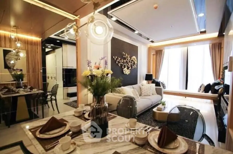 Luxurious modern living room with elegant dining area and stylish decor