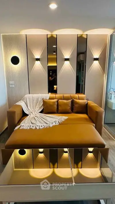 Stylish modern living room with cozy brown sofa and elegant lighting