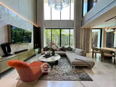 Luxurious modern living room with high ceilings and elegant decor