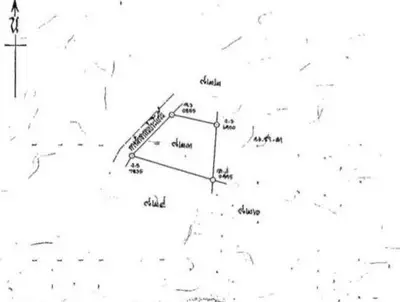 Detailed schematic plan of a property with measurements and directional arrow.