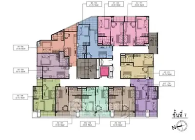 Colorful floor plan layout of a modern apartment building with multiple units.