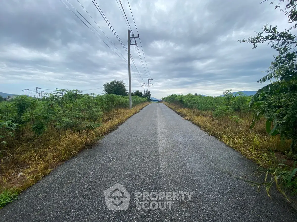 Scenic rural road surrounded by lush greenery and cloudy sky