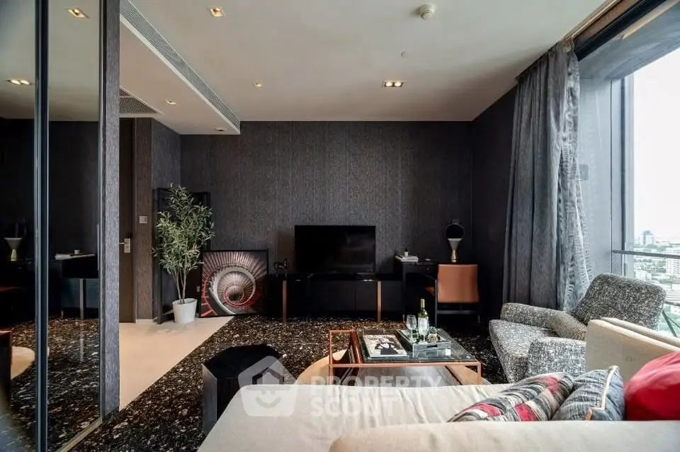 Luxurious modern living room with city view, stylish decor, and cozy seating area.