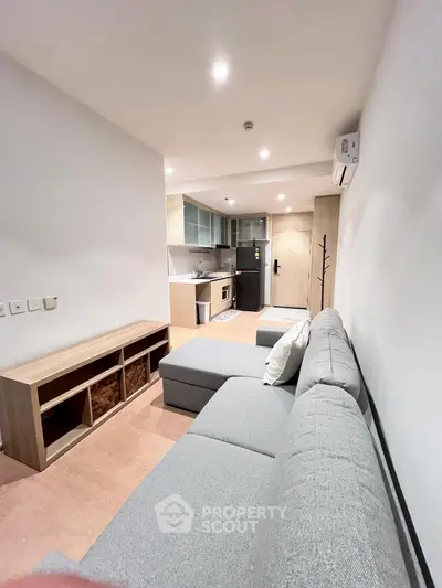 Modern living room with sleek kitchen and cozy gray sofa in open layout apartment.