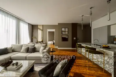 Luxurious open-plan living room with modern kitchen and elegant decor