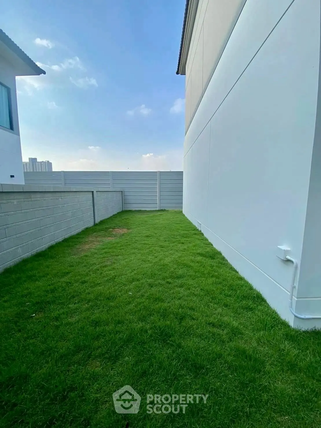 Spacious backyard with lush green lawn and privacy fence, perfect for outdoor activities.