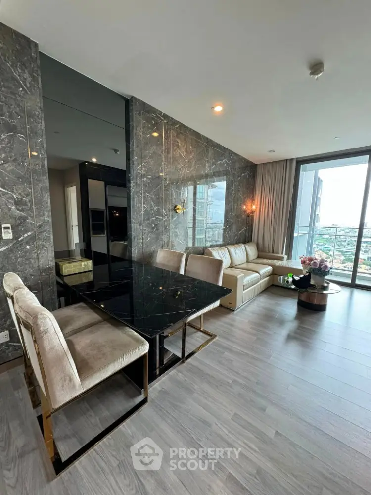 Luxurious modern living room with marble walls and city view