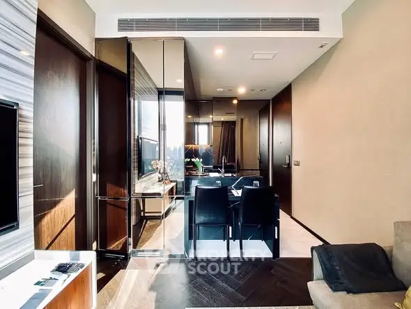 Luxurious modern living room with elegant dining area and panoramic city view.