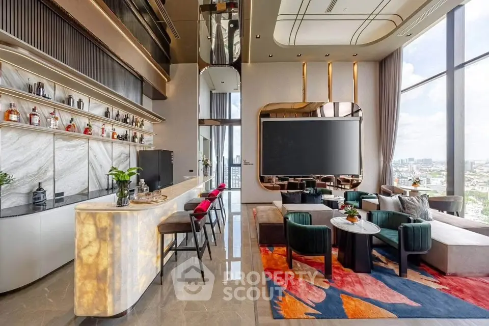Luxurious modern living room with high ceilings, elegant decor, and panoramic city views.