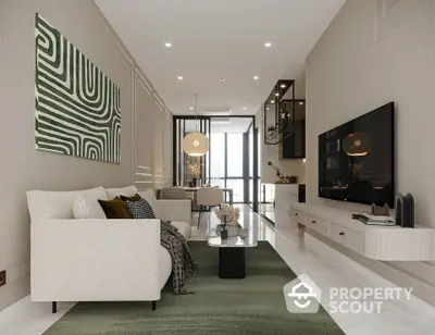 Modern living room with elegant decor and spacious layout, featuring a large TV and stylish furniture.