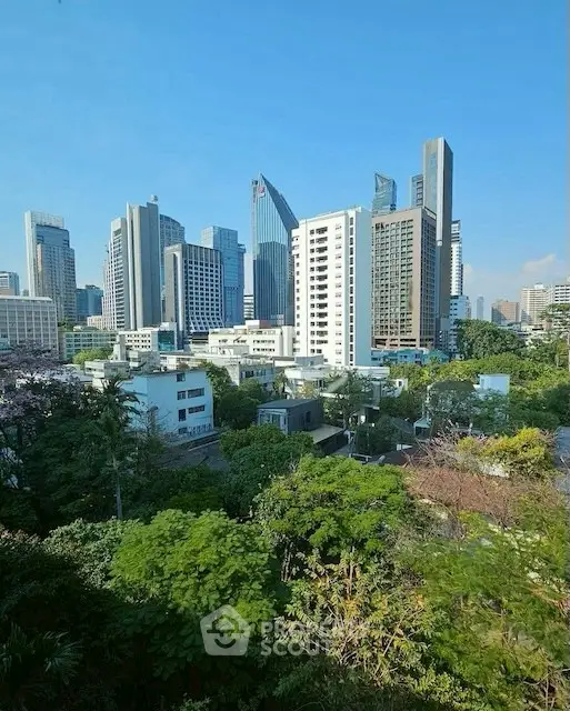 Stunning cityscape view with modern skyscrapers and lush greenery, perfect for urban living enthusiasts.