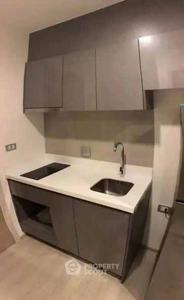 Modern compact kitchen with sleek cabinetry and integrated appliances