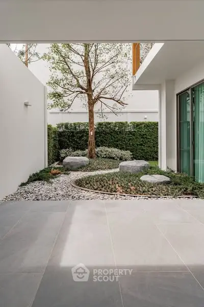 Modern minimalist garden with stone pathway and lush greenery in a stylish courtyard.