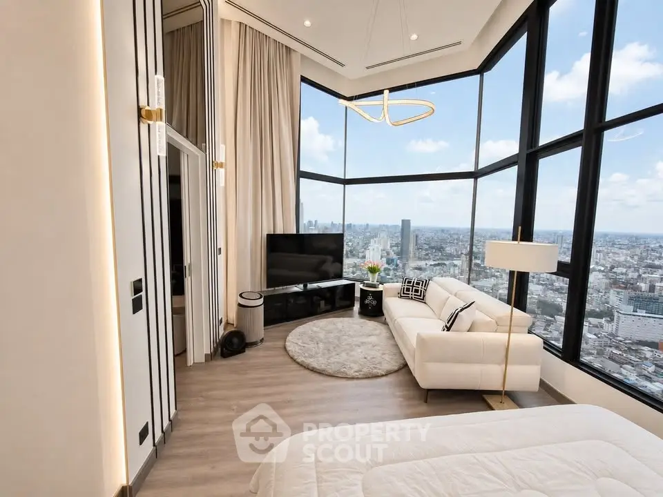 Luxurious high-rise living room with panoramic city views and modern decor