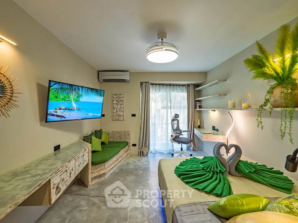 Stylish bedroom with modern decor, featuring a cozy seating area and a scenic view from the window.
