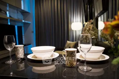 Elegant dining setup in modern living room with stylish decor and ambient lighting.
