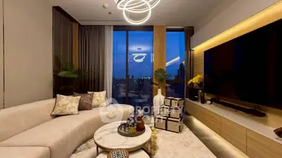 Luxurious modern living room with city view and elegant lighting