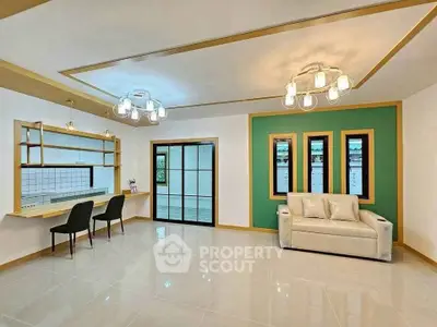 Spacious modern living room with elegant lighting and stylish decor