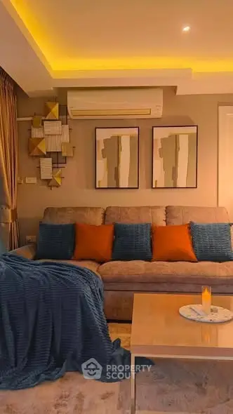 Stylish living room with modern decor and cozy lighting