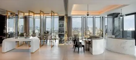 Luxurious open-plan living and dining area with panoramic city views and elegant modern design.