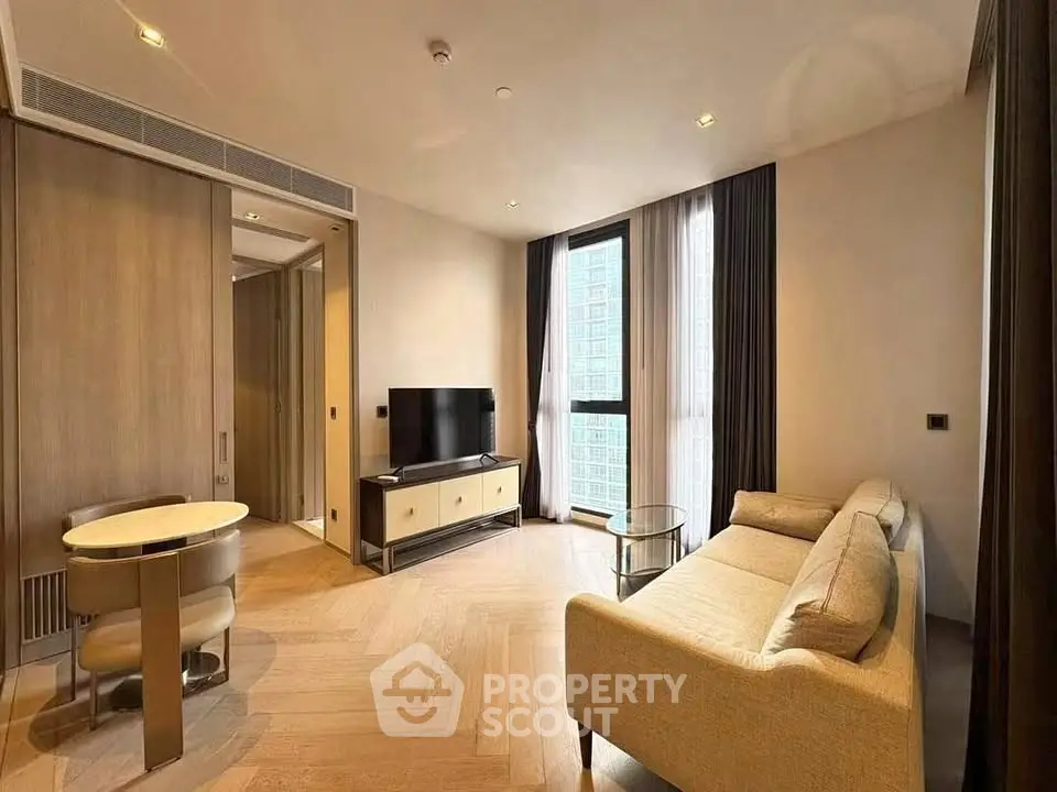 Luxurious modern living room with elegant furnishings and city view