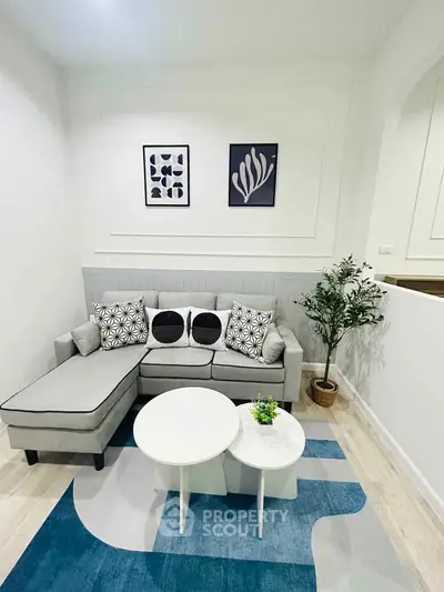 Stylish modern living room with cozy gray sofa and chic decor