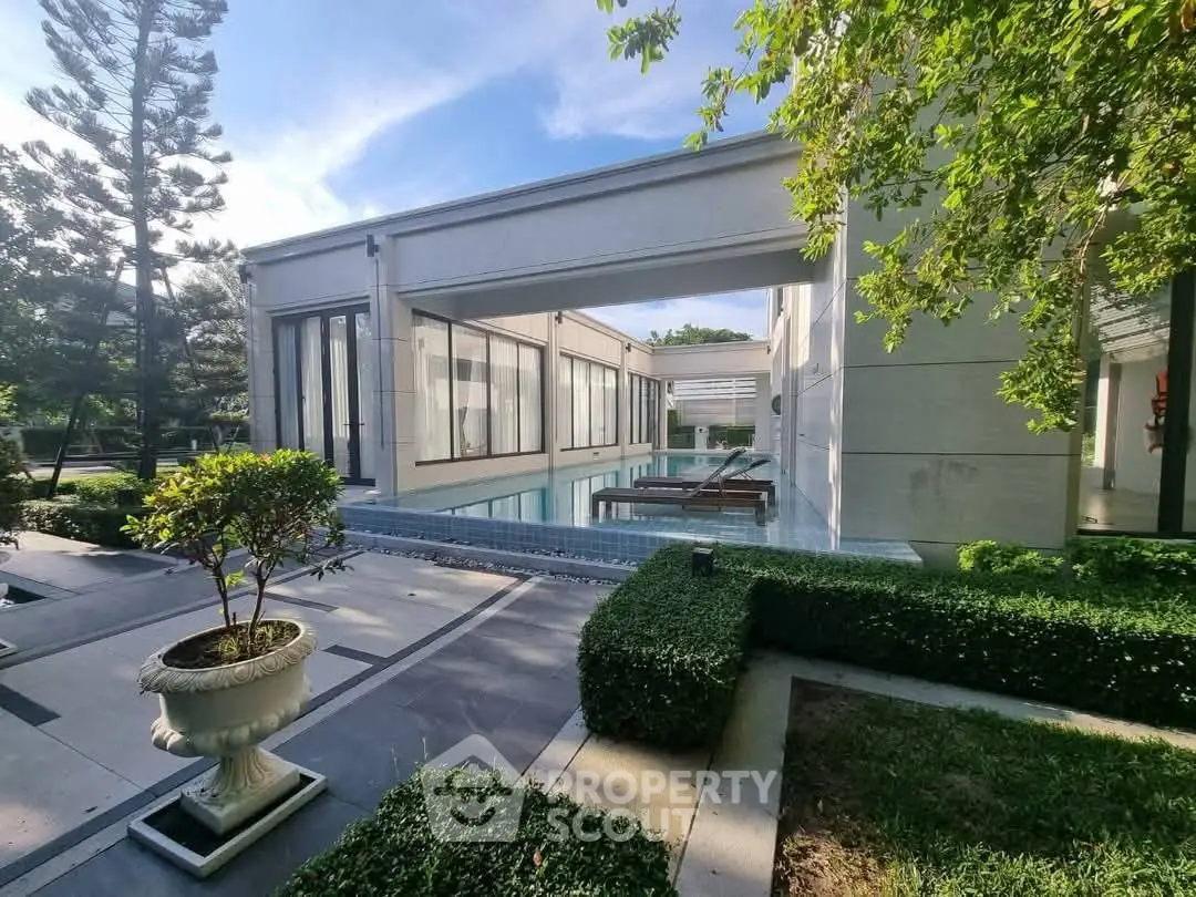 Luxurious modern home with private pool and lush garden, perfect for serene living.