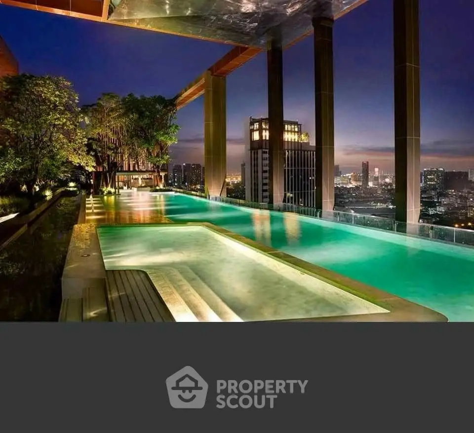 Luxurious rooftop pool with stunning city skyline view at sunset.