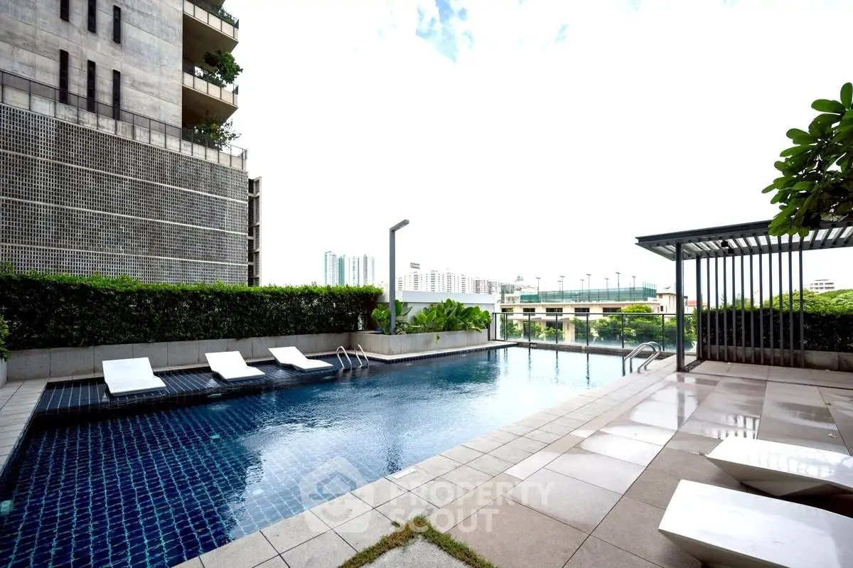 Luxurious urban poolside with modern design and city views