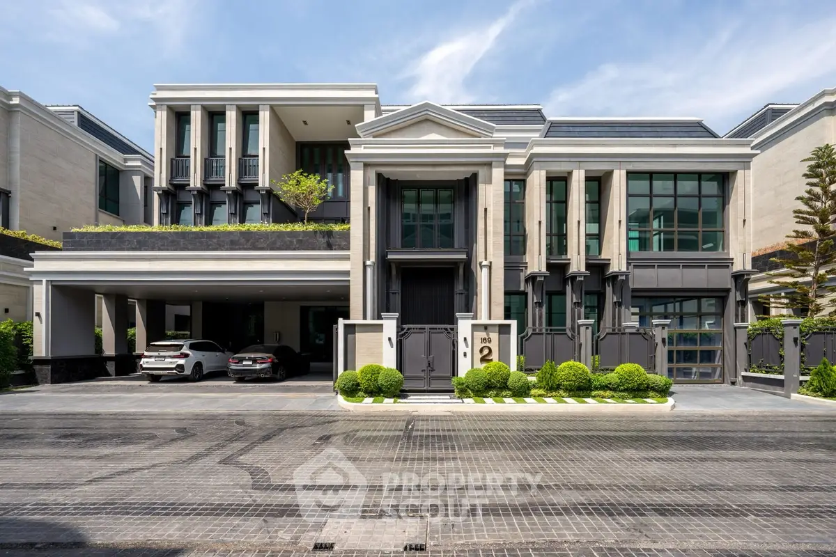 Luxurious modern mansion with grand entrance and sleek architectural design