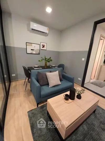 Modern living room with stylish decor and cozy seating area
