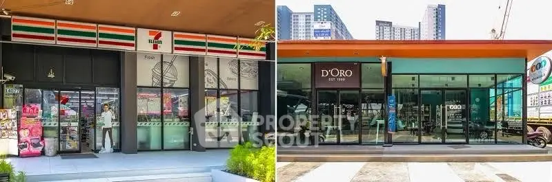 Commercial retail spaces with modern glass facades in urban setting