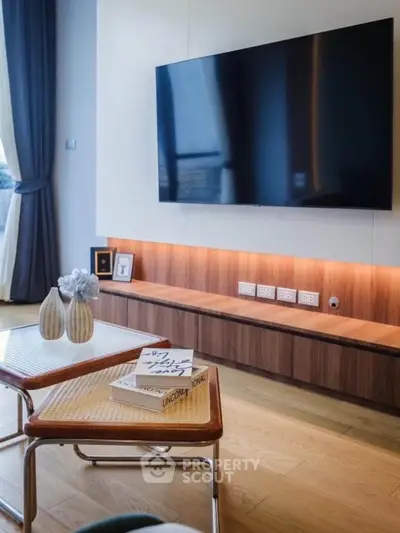 Modern living room with sleek TV setup and stylish decor