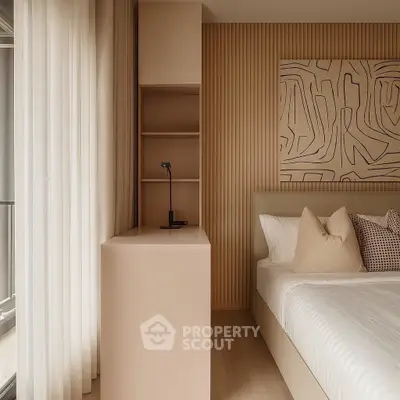 Elegant bedroom with modern decor and cozy ambiance