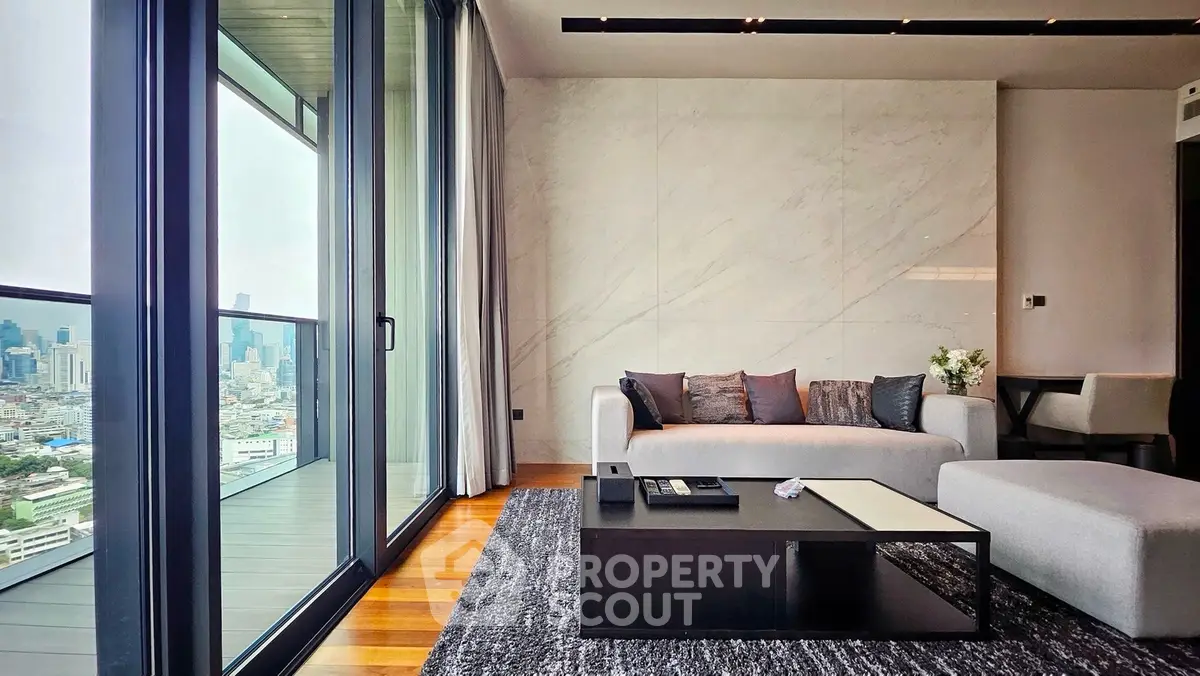Luxurious modern living room with stunning city view and elegant decor
