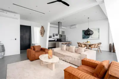 Luxurious modern living room with open kitchen and stylish decor