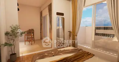 Modern bedroom with balcony and study area, featuring elegant curtains and natural light.