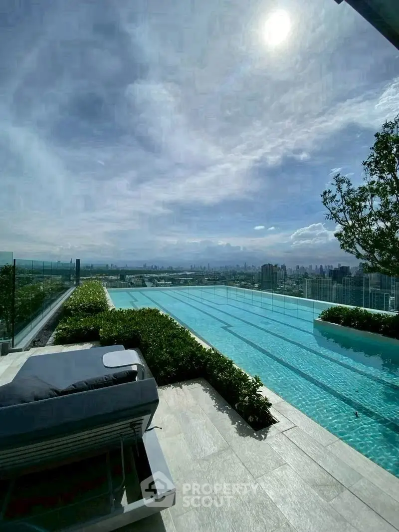 Luxurious rooftop pool with stunning city skyline view under a bright sky.