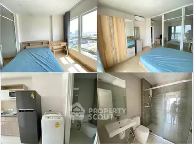 Modern apartment interior with bedroom, kitchen, and bathroom featuring sleek design and ample natural light.