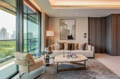 Luxurious living room with modern decor and stunning city view from large windows.