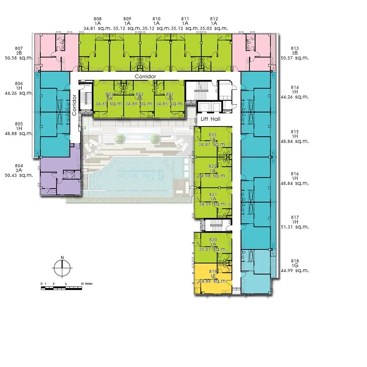 Detailed floor plan layout with pool view, showcasing apartment units and corridors.