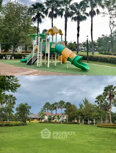 Beautiful community park with playground and lush green lawn, perfect for family activities and relaxation.