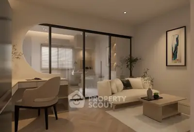 Modern living room with elegant decor and stylish furniture, featuring a cozy seating area and a study desk.