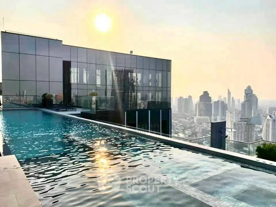 Stunning rooftop pool with breathtaking city skyline view at sunset.