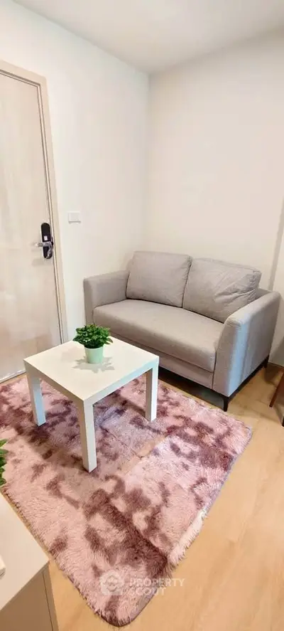 Cozy living room with modern sofa and stylish decor in a compact space.