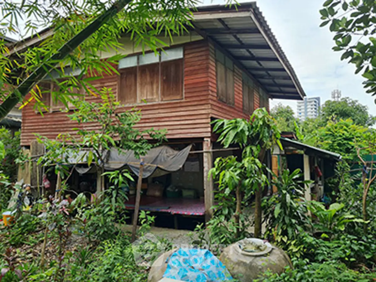 Charming rustic wooden house surrounded by lush greenery in a serene garden setting.