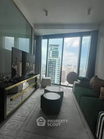 Luxurious living room with stunning city view, modern furniture, and floor-to-ceiling windows.