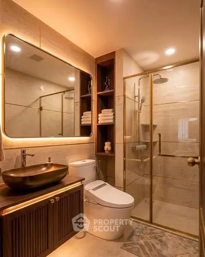 Luxurious modern bathroom with elegant lighting and glass shower enclosure