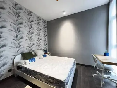 Modern bedroom with stylish wallpaper and natural light, featuring a cozy bed and a functional study desk.