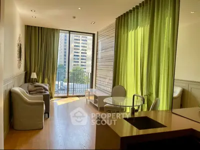 Modern living room with large windows and stylish furniture